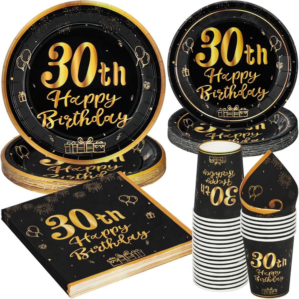 96-delig feestservies set voor 30e verjaardag, goudkleurig, zwart