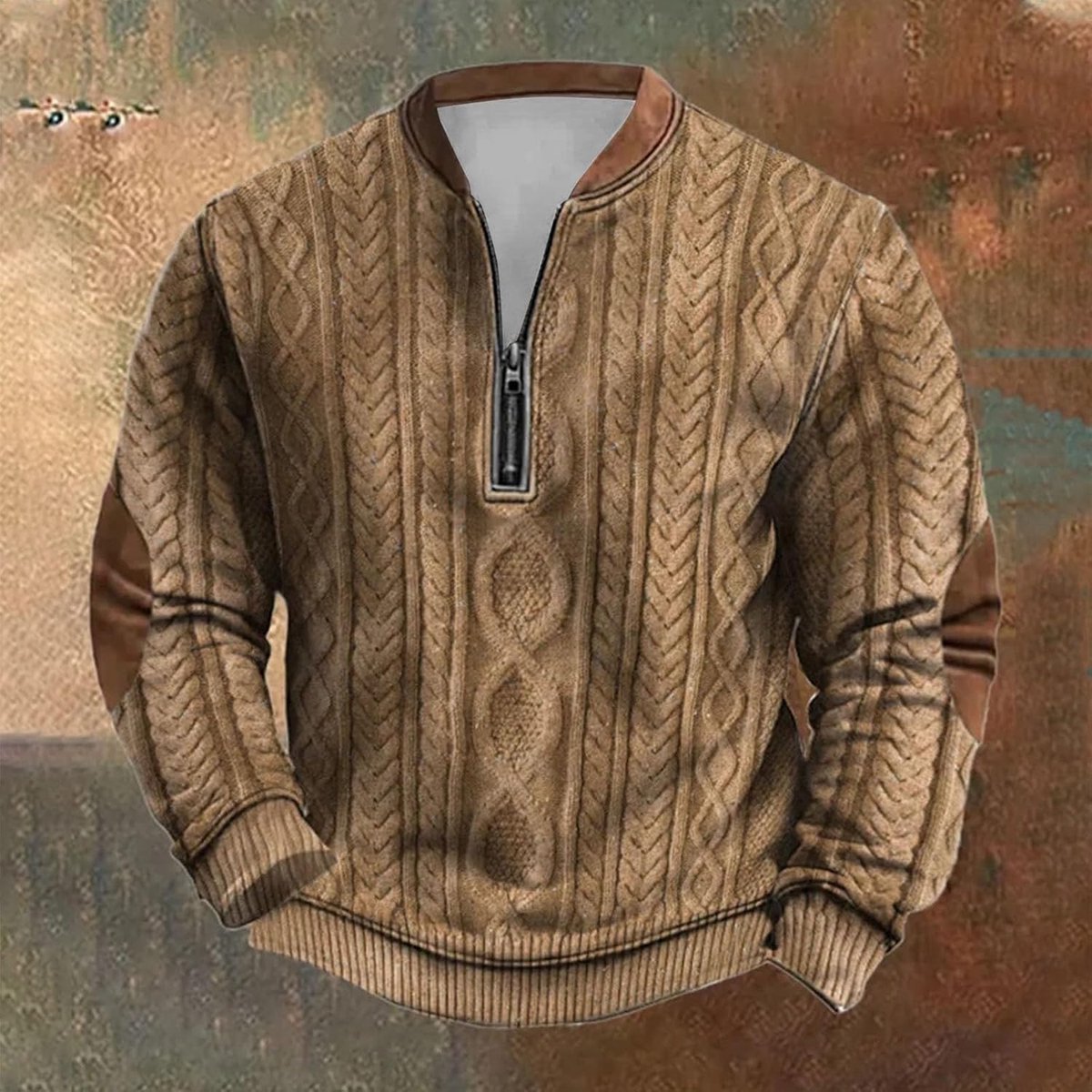 Dikke gebreide trui voor heren, sweatshirt met ritssluiting, lange mouwen, bedrukt, zonder kraag en zonder capuchon