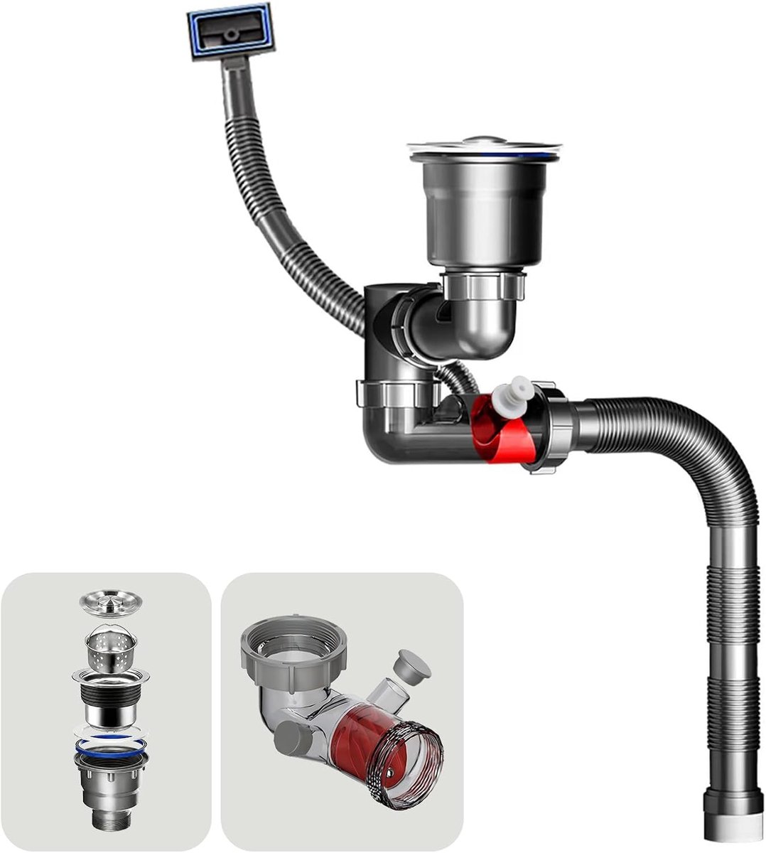 Gootsteen afvoerkit ruimtebesparende flexibele afvoerpijp flexibele P-Trap afvoerrooster met 3-1/2 inch (8,9 cm) gootsteen afvoer montageset 304 roestvrij staal