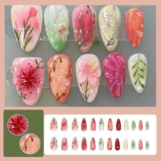24 stuks press-on nagels, amandelvormig, 3D-bloemen, vingernagels om op te plakken, handgemaakte kunstnagels, acryl, volledige dekking, kunstnagels met nagellijm, Franse kunstnagels voor vrouwen — afbeelding 2