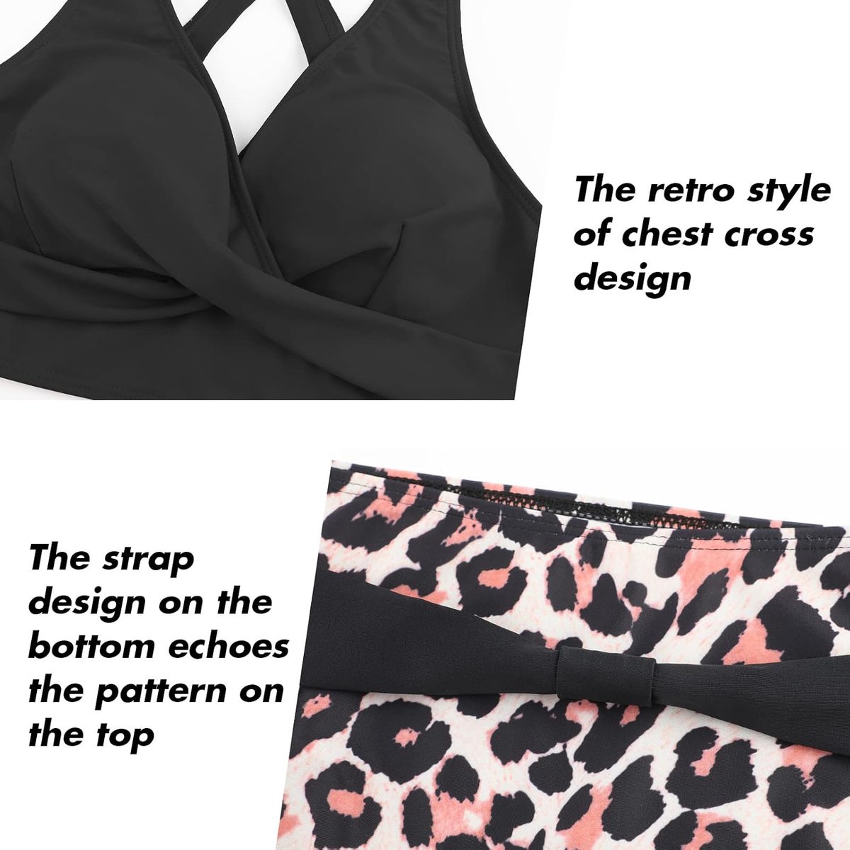 Tweedelige damesbadpakken, bikini met gekruiste top, hoog getailleerde bodem, badpakken voor buikversteviging, badmode met vintage motief
