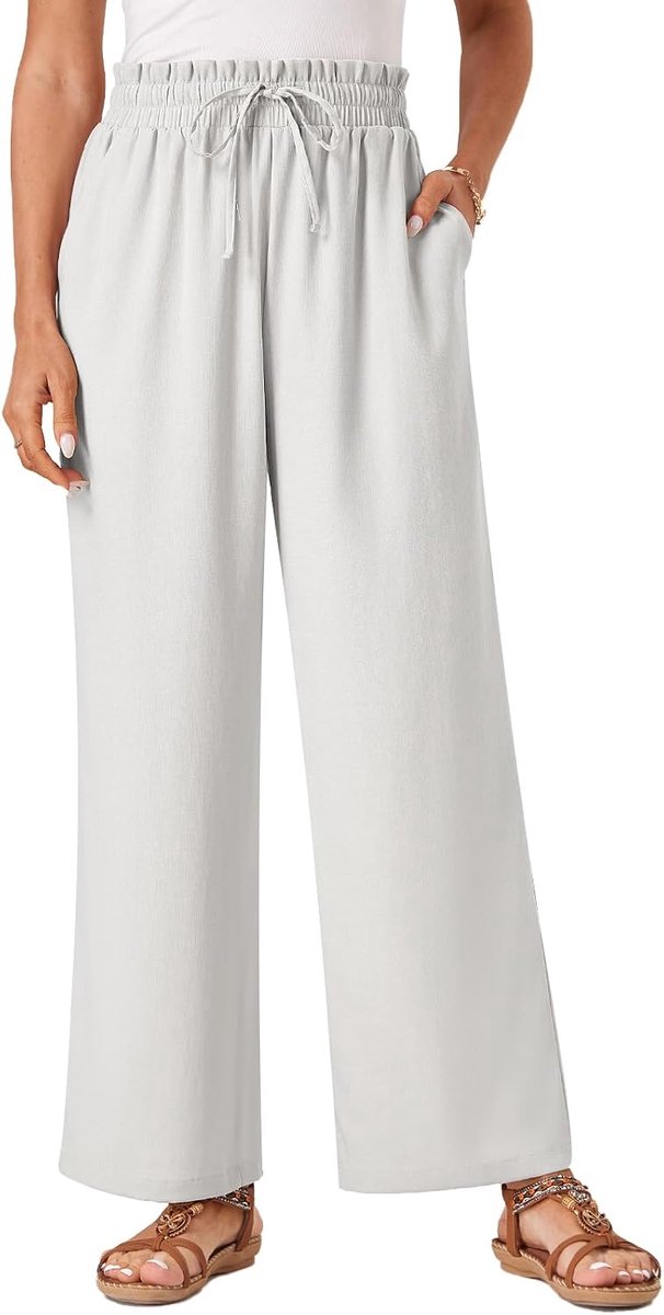 Damesbroek, casual, flowy brede pijpen, vrijetijdsbroek, hoge taille, trekkoord, Palazzo broek met zakken
