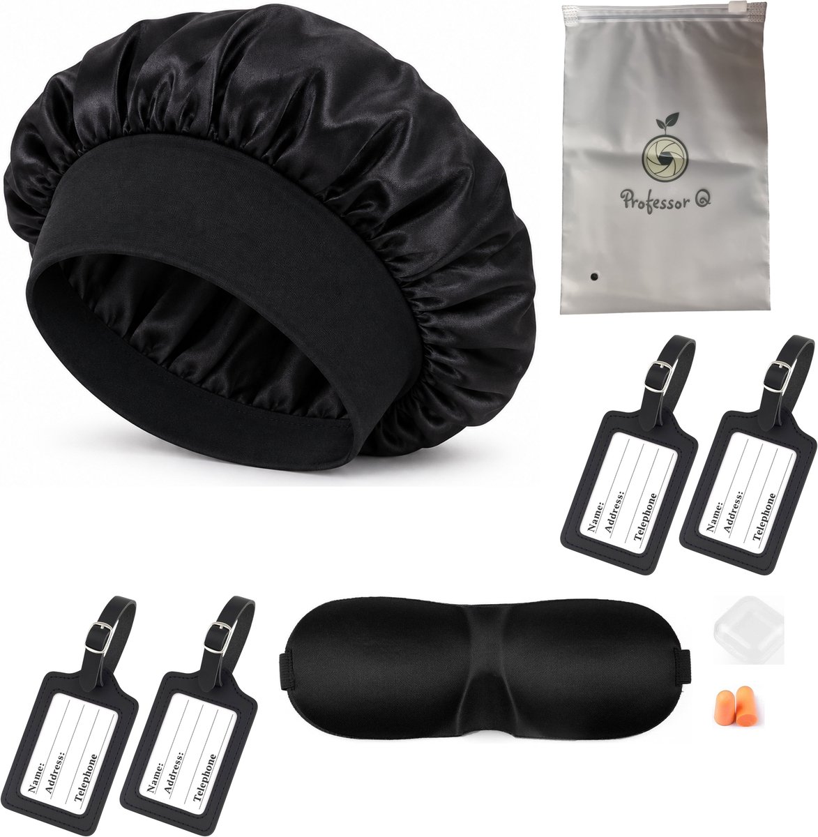 Professor Q Reisset - 4 PU-Kofferlabels Zwart - Slaapmasker Zwart - Bonnet Zwart