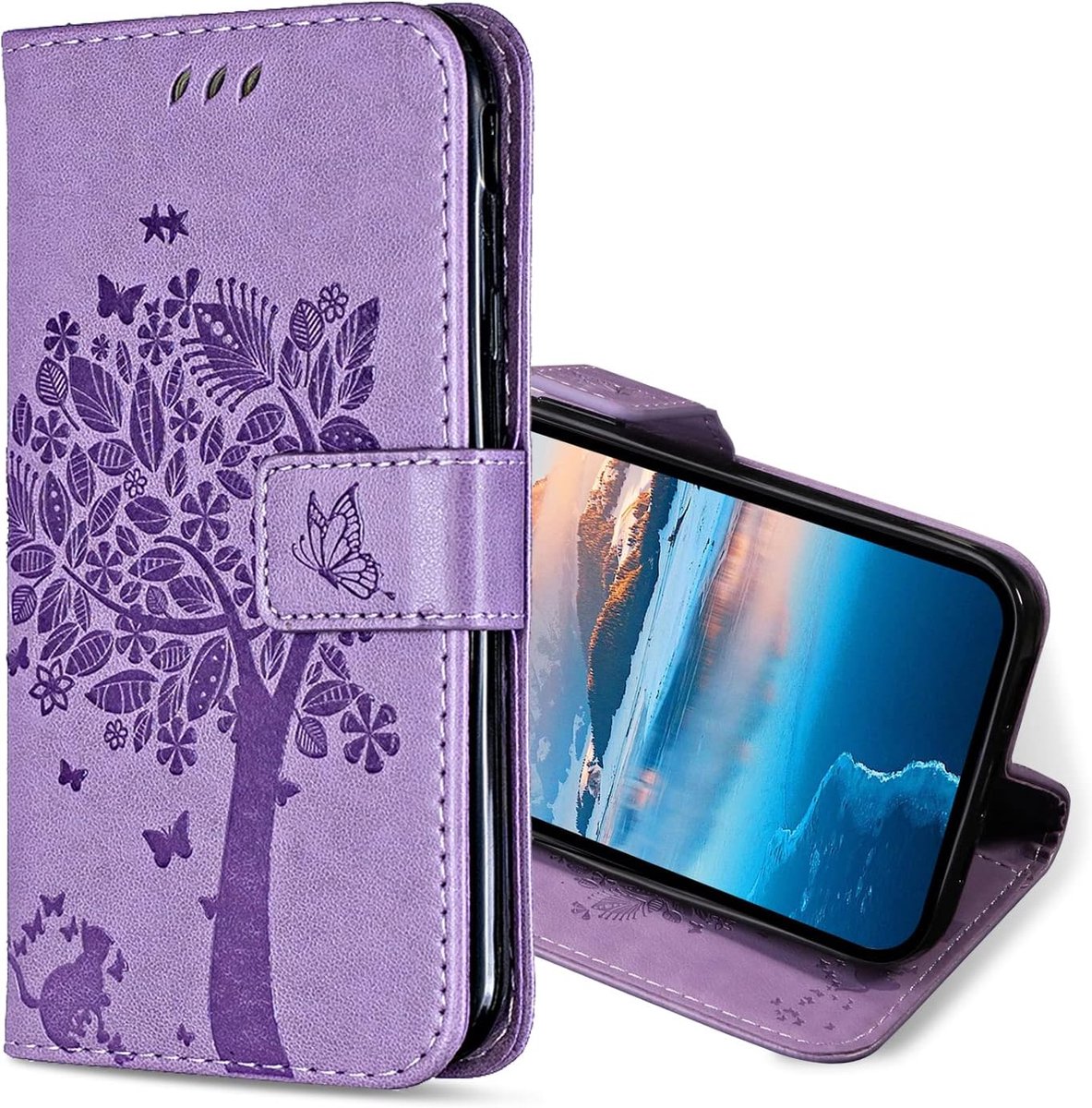 Hoesje voor Google Pixel 8 Pro, Kunstleren Bookcase Hoes met Pasjeshouder, Retro Kat en Boom Telefoonhoesjes Wallet Case voor Google 8 Pro (Lavendel)
