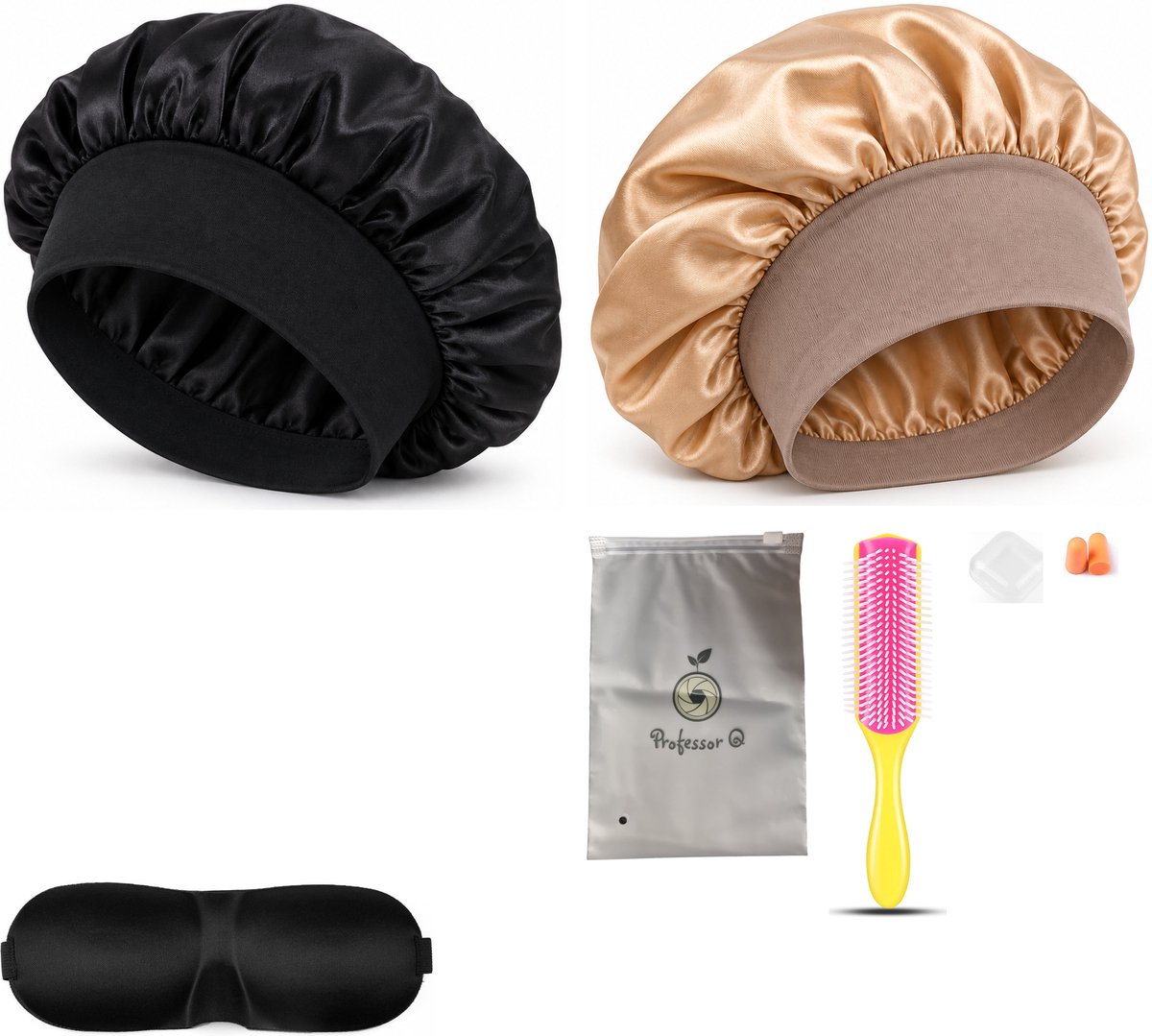 Professor Q Haarverzorgingsset - Bonnet Zwart - Bonnet Goud - Fusion Pink Borstel - Slaapmasker Zwart