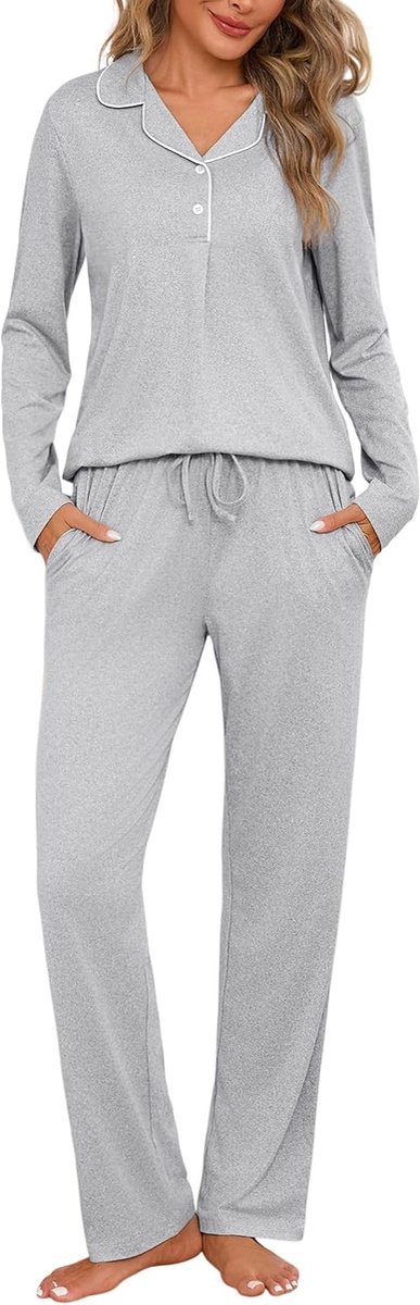 Damespyjama van katoen, tweedelige pyjama voor dames, winter, bovendeel met open voorkant en knopen en lange broek met zakken, comfortabel, casual
