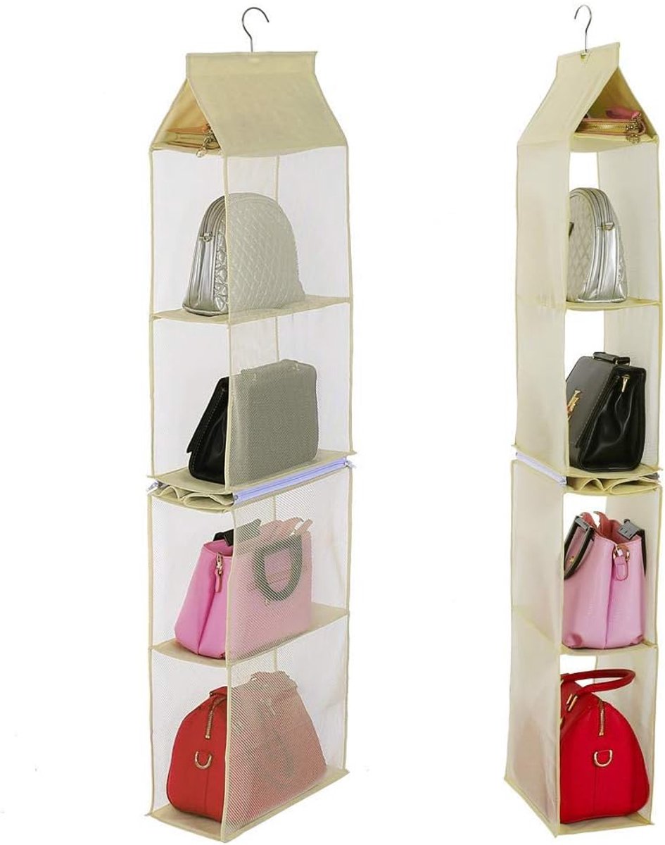 4 Pocket Handtas Opslag Kast Compartiment Pouch Bag Opknoping Organizer Houder voor Woonkamer Slaapkamer Kast (Beige)