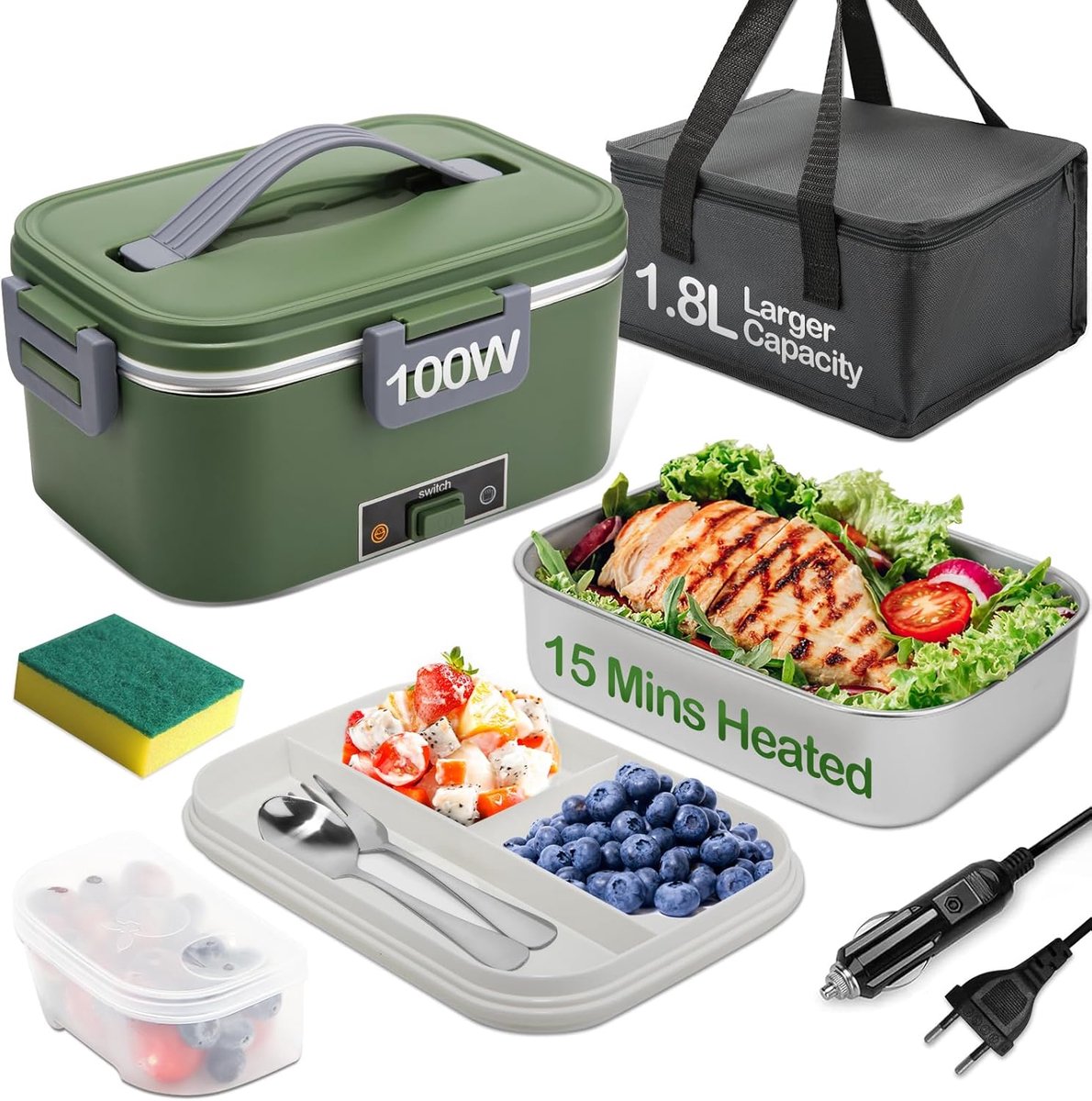 lunchbox 100 W, 1,8 l verwijderbaar roestvrij staal, 3-in-1 draagbare verwarmde lunchbox, 12V/24V/220V geïsoleerde warmtebox voor auto/vrachtwagen/kantoor/thuis, met geïsoleerde