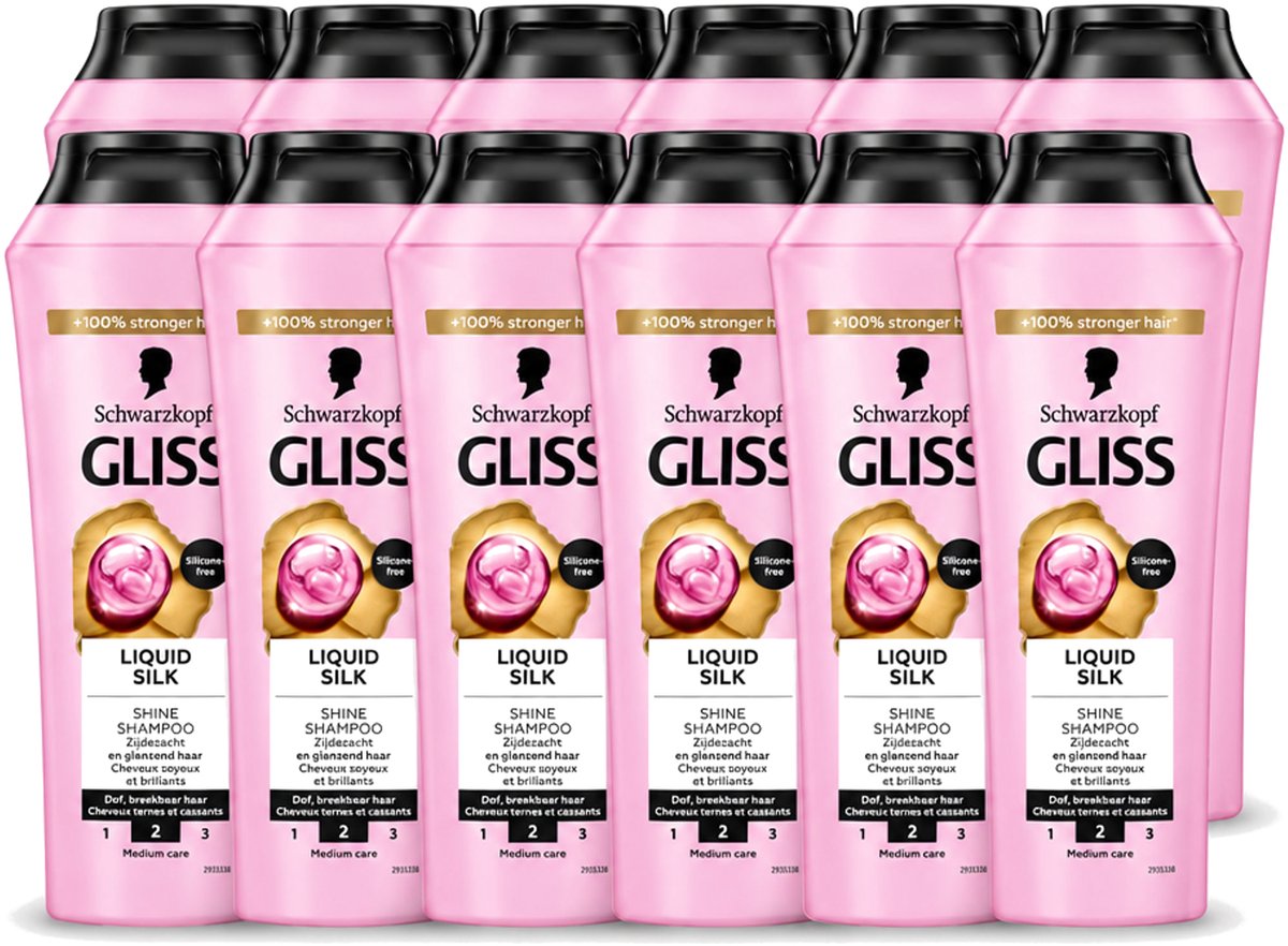 12 x Gliss - Shampoo - Liquid Silk - Voor Glanzend en Zijdezacht Haar - 250 ml - Voordeelverpakking - 12 stuks