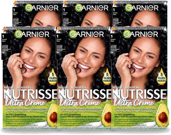 Zes verpakkingen Garnier Nutrisse Ultra Crème haarkleuring in kleur 1 zwart, met model en avocado-illustratie.