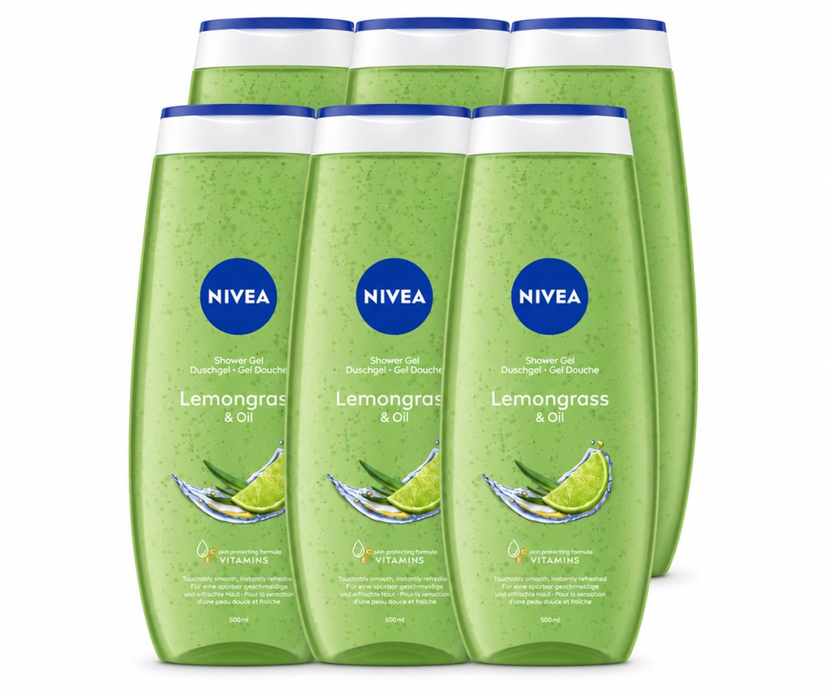6 x NIVEA - Douchegel - Citroengras & Olieverzorging - Glad & Verfrissend Huidgevoel - 500 ml - Voordeelverpakking - 6 stuks