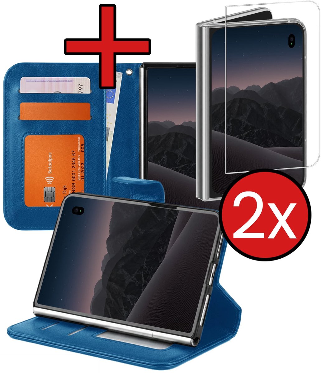 Hoesje - Met 2x Screenprotector - Geschikt voor Apple iPhone Duo - Luxe Pasjeshouder - Flip Case - Bookcase Portemonee - Kunstleer Book Case - Flipcase Hoes - Book Cover - Walletcase - Portemonneehoes - Telefoonhoes - Donkerblauw