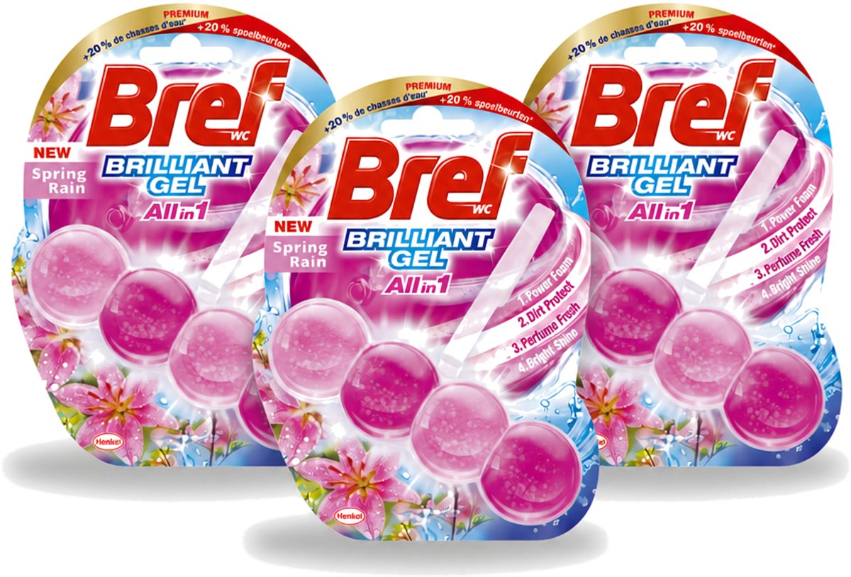 3 x Bref - Toiletblok - Brilliant Gel - Spring Rain - 42g - Voordeelverpakking - 3 stuks