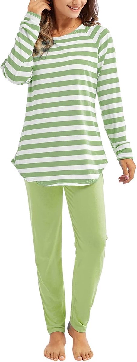 Pyjama voor dames, zomer, katoen, licht, lange mouwen, pyjama, dames, zomer, katoen, licht, broek, set voor thuis en casual, baggy set, 2-delig, casual, nachtkleding, zacht en ademend, nachtkleding
