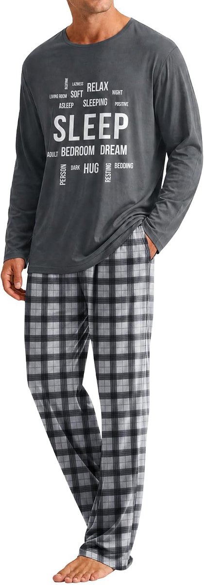Pyjama voor heren, lang, zachte pyjama voor heren, huiskleding, 2-delig, geruit, lange mouwen, lange geruite pyjamabroek met zakken, M-XL