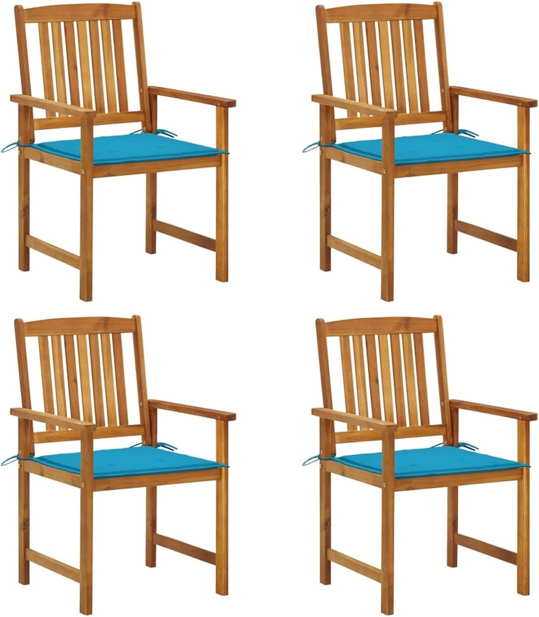 Tuinstoelen met kussens, blauw, 4 stuks, stoelen voor woonkamer, balkon, buiten, eetkamerstoelen, tuin, outdoor, terras, acaciahout