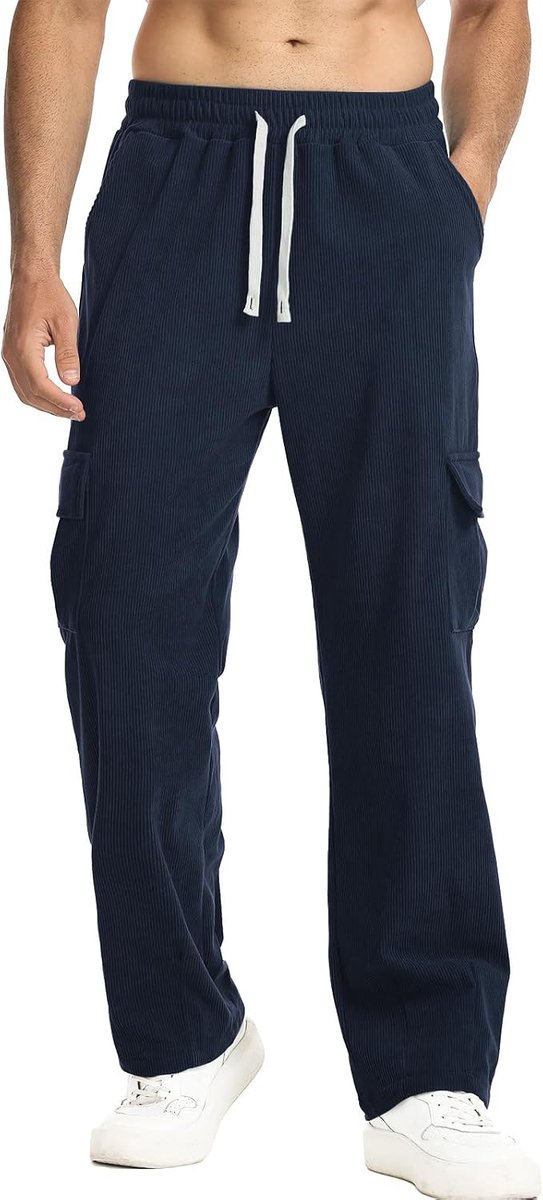 Heren corduroy cargobroek casual rechte corduroy broek trekkoord taille met meerdere zakken