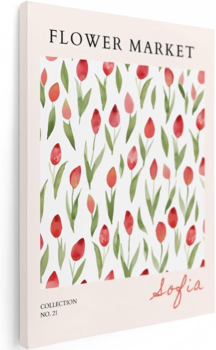 Canvas Schilderij Tulpen - 90x120 cm - Groot - Flower Market Poster - Wanddecoratie Bloemen - Muurdecoratie Woonkamer - Rood