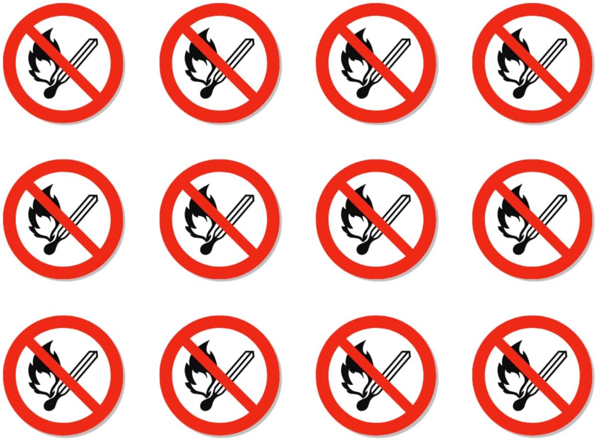 Open vlam; vuur, open ontstekingsbron en roken verboden: P003 - DIN EN ISO 7010 / ASR A1.3 - stickers: Ø 2,5 cm, 12 stuks