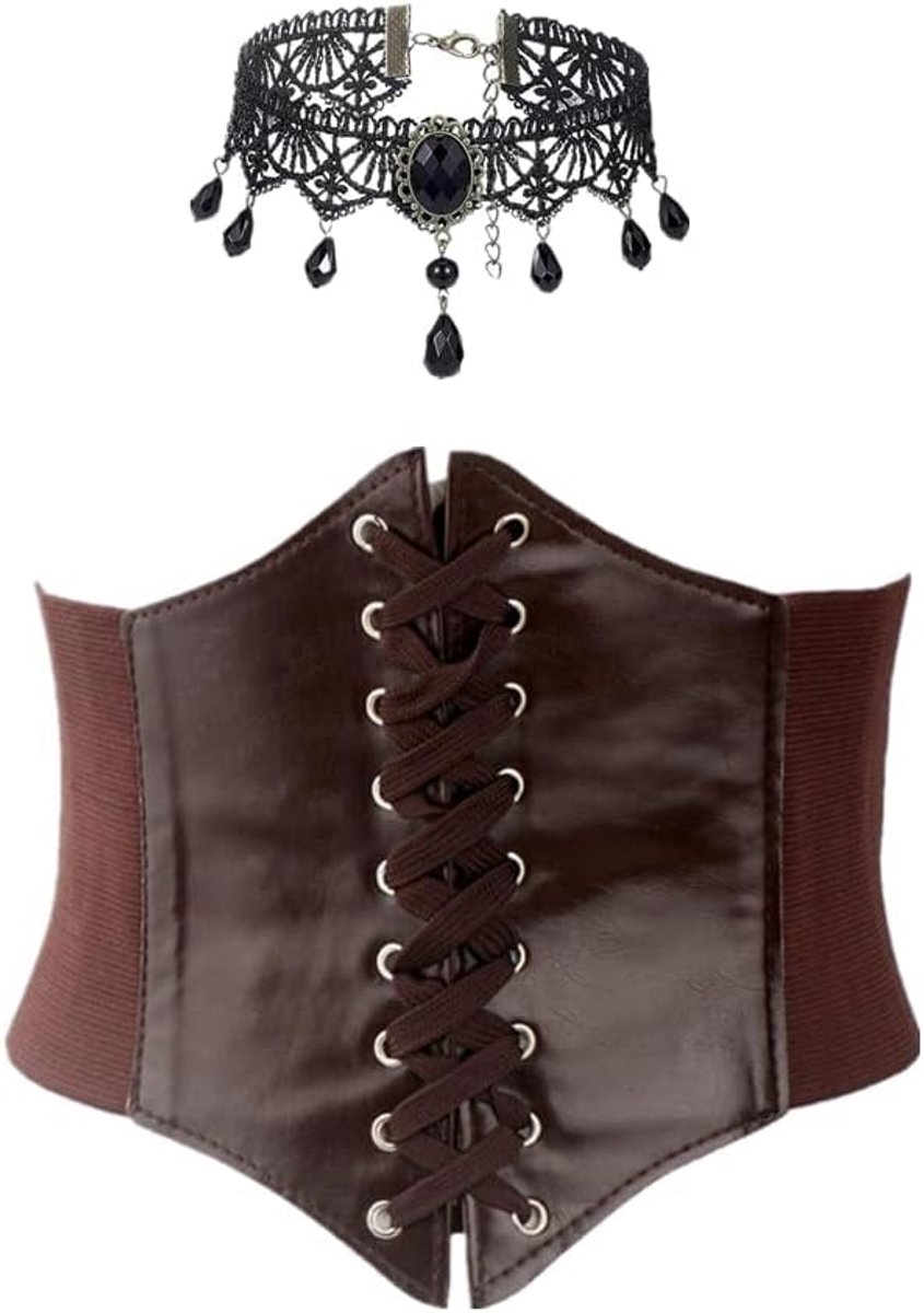 Dailygoods- Korset Dames Zwart - Corset Riem - Choker Ketting - Middeleeuwse Piratenkostuum - Duurzaam Kunstleer - Verstelbare Pasvorm