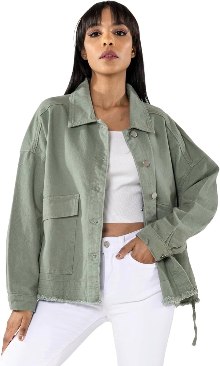Carter Oversized jeansjack voor dames, losse denim jas met knoopsluiting en grote zak, casual overgangsjas voor lente en herfst