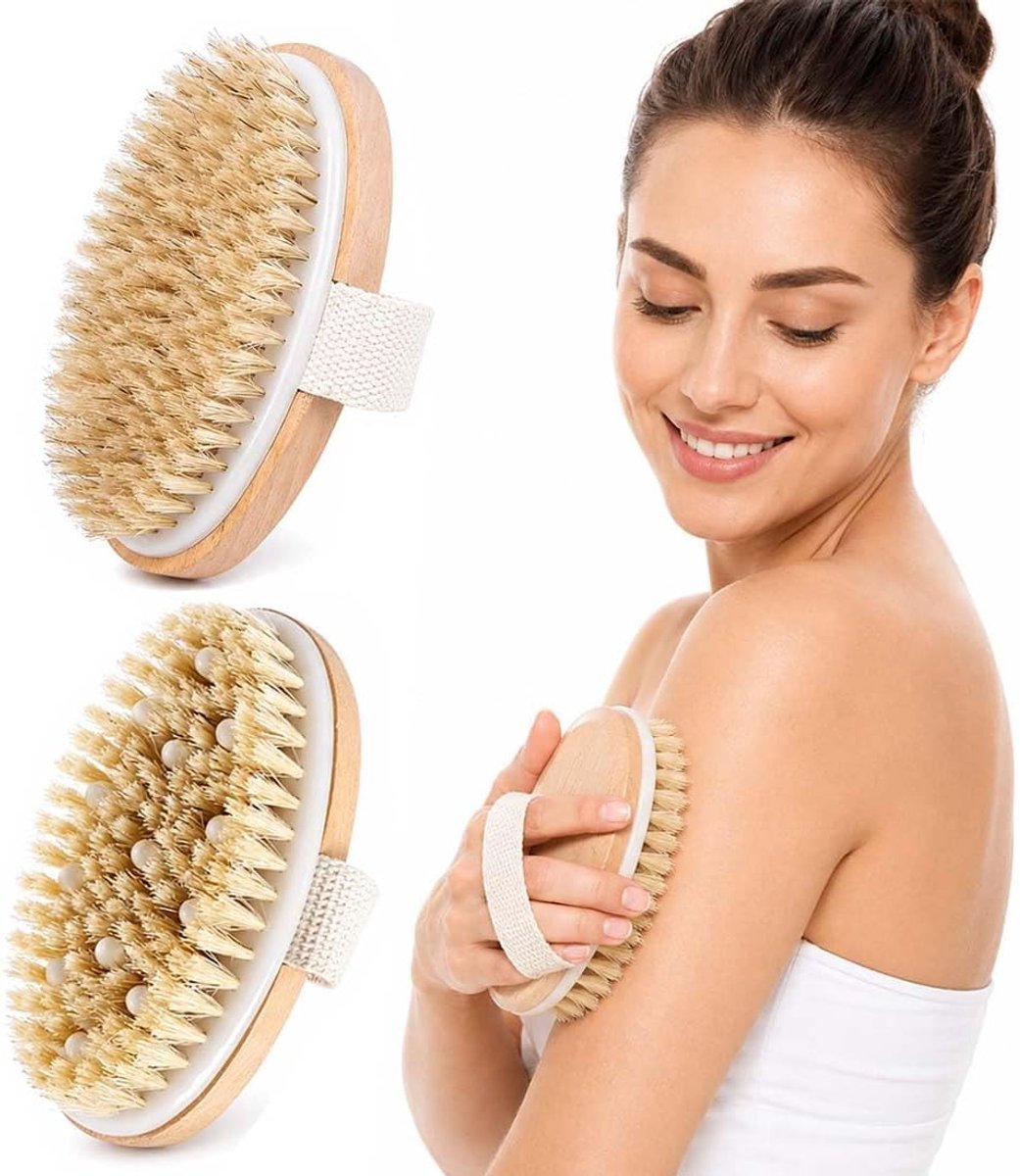 2 stuks lichaamsborstel, Dry Brushing, peeling-massageborstel ter verbetering van de doorbloeding en het lymfesysteem, voor douche en wellness