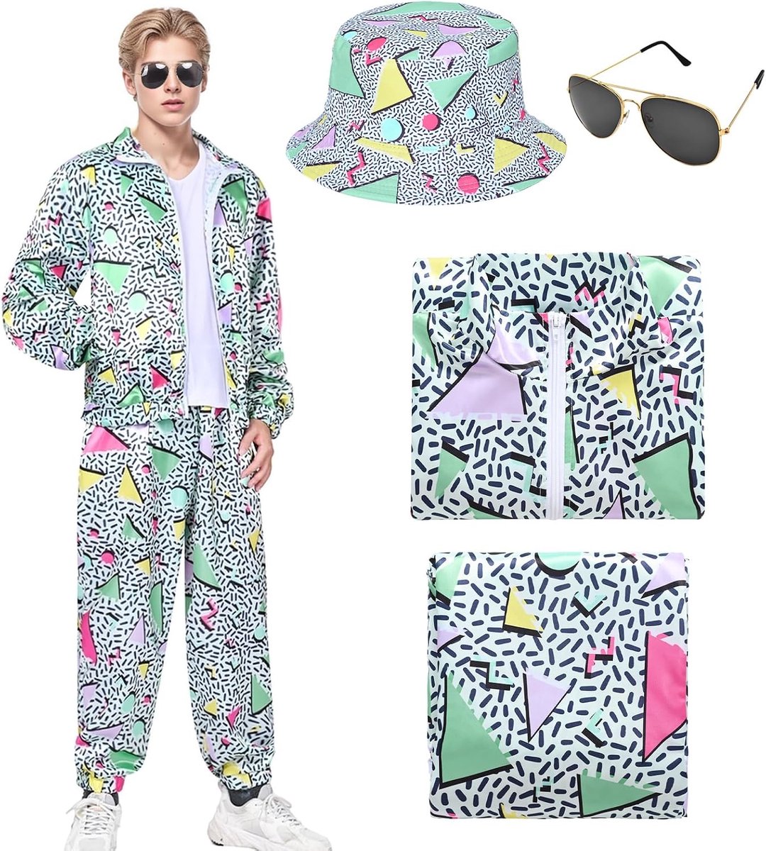 Jaren 80-outfit voor heren en dames, jaren 80-trainingspak, joggingpak, jaren 80, trainingspak, jas, broek, jaren 80-accessoire, carnavalskostuums.