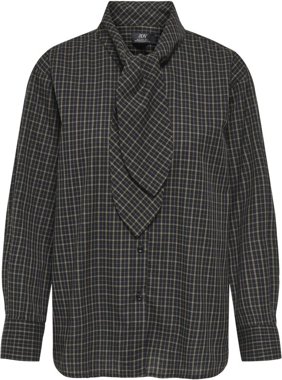 Zwart met bruine geruite blouse met strikdetail en lange mouwen
