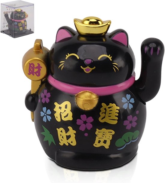 Cat Zwaaien - Zwarte Gelukskat Met Bewegende Arm op Zonne-Energie, Chinese Maneki Neko, Japanse Fortuin Kat Voor Rijkdom en Gastvrijheid - Auto en Thuis Decor — afbeelding 5