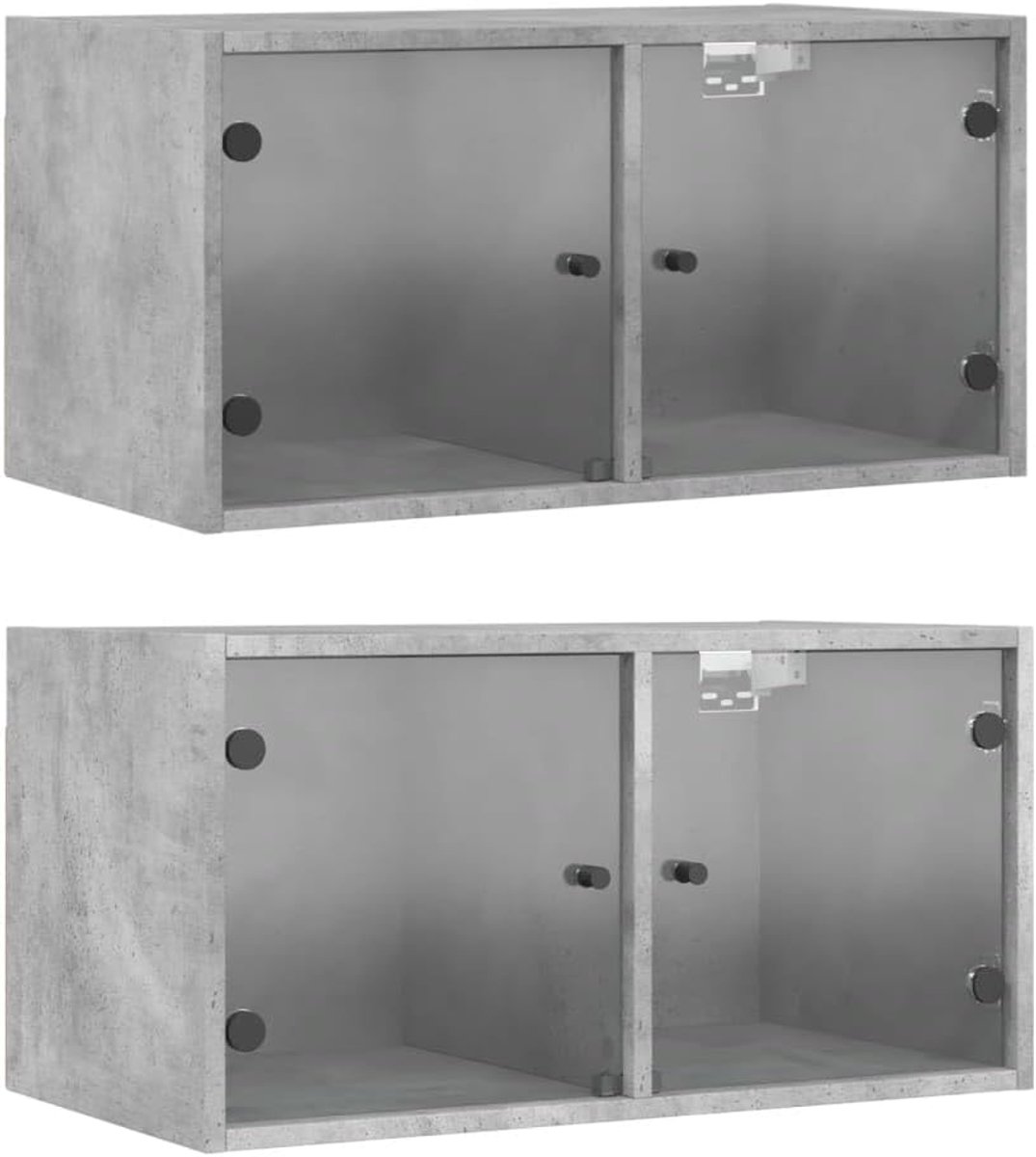Wandkasten met glazen deuren 2 STK. Betongrijs 68,5x37x35 cm, hangkasten van hout met meerdere vakken voor boeken en decoratie, voor wandmontage voor extra
