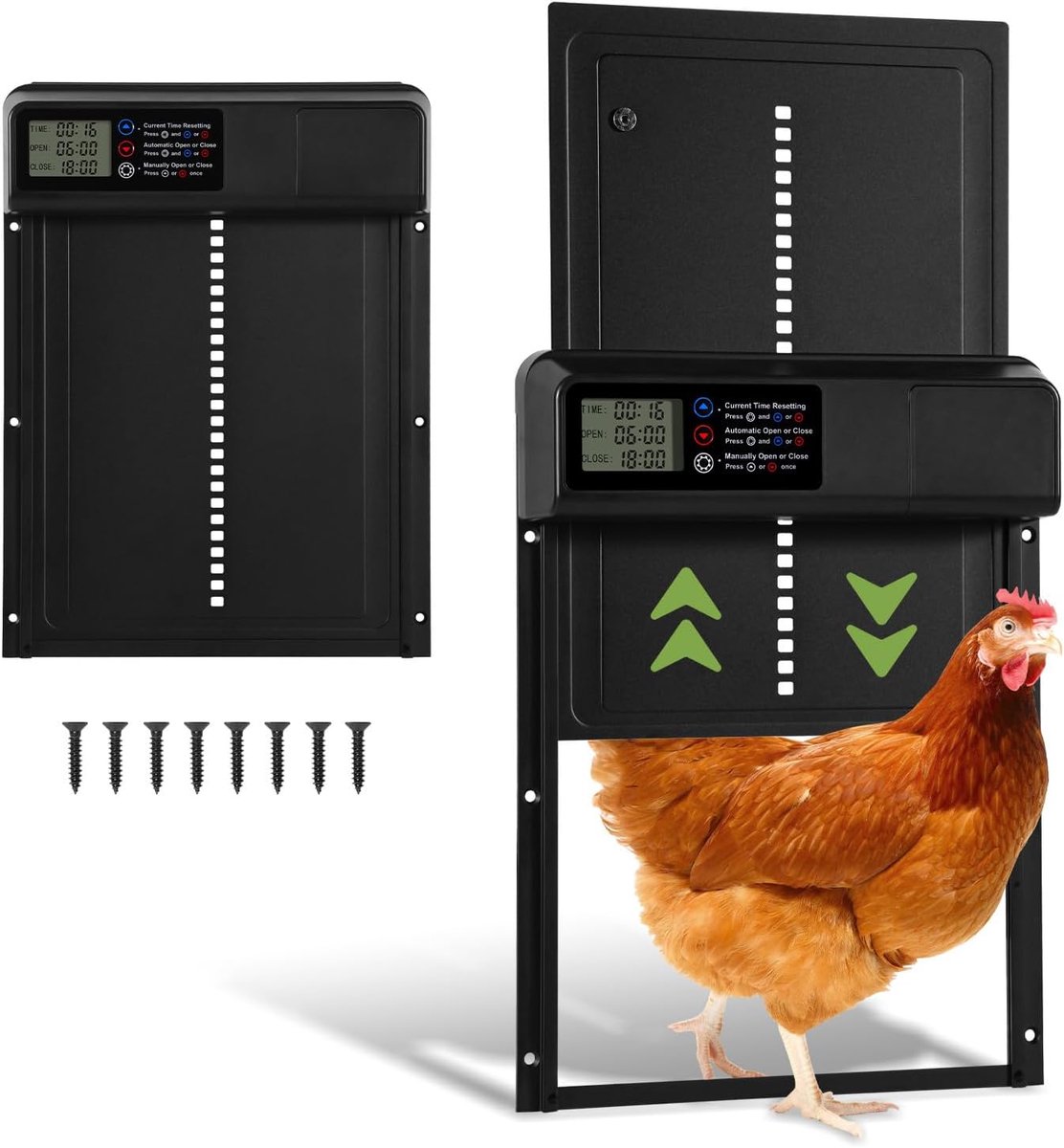 Kippenklep met timer/handmatig/anti-stampermodus, elektrische kippenklep, automatisch met led-display, waarschuwing voor laag batterijniveau, waterdichte deuropener voor