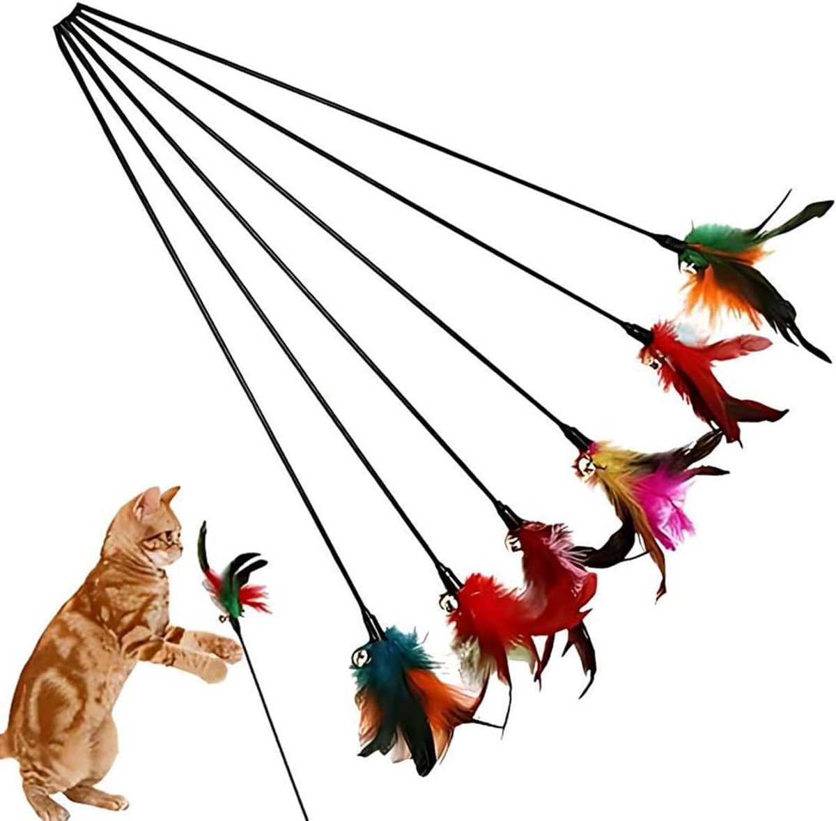 Verenspeelgoed voor katten, 6 stuks, hengel 65 cm, zwarte veren, interactieve stimulatie