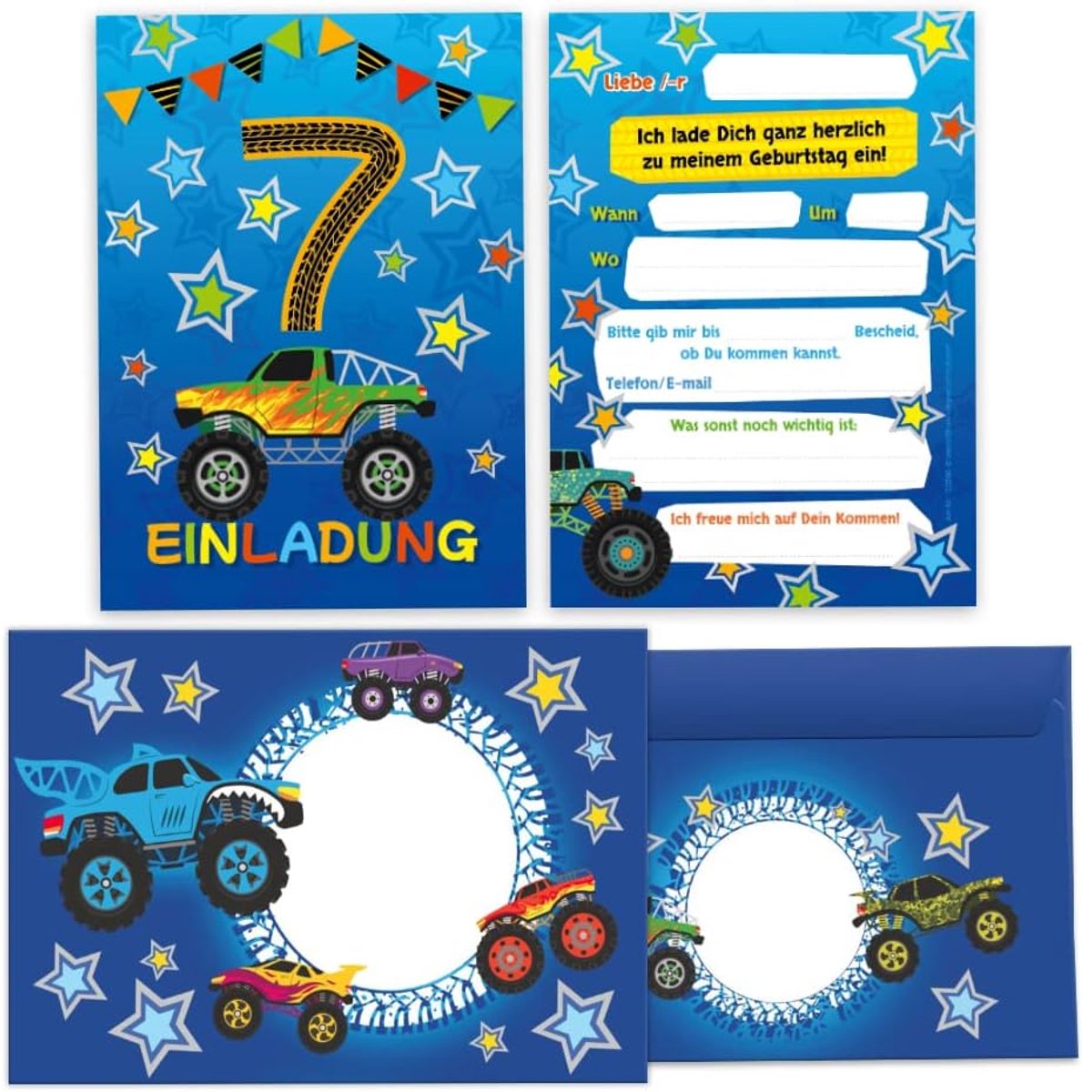 12 uitnodigingskaarten incl. 12 enveloppen voor 7e kinderverjaardag zevende verjaardag jongens monstertruck auto verjaardagsuitnodigingen