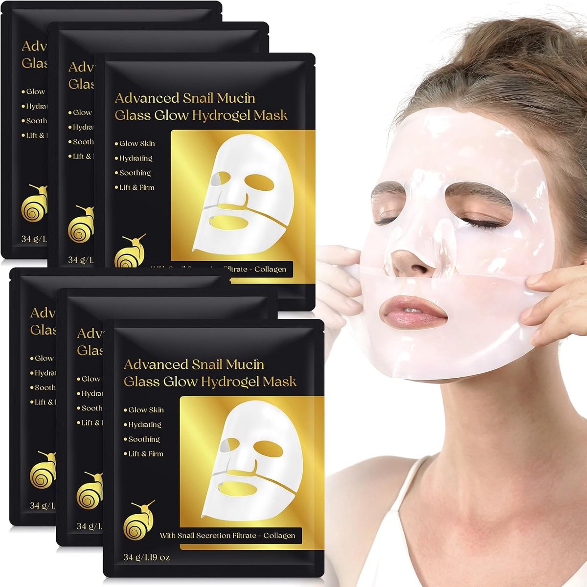 Mucin Sheet Masker 6EA, Hydrogel Collageen Masker voor Gezichtsmaskers Huidverzorging, Zelfverzorging, Kousen Stuffers, Diepe Hydraterende, Reizen Essentials, Geschenken voor Vrouwen