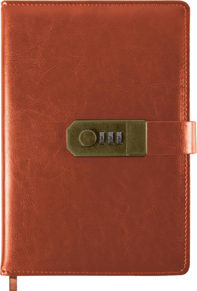 Agenda met slot, A5 PU lederen agenda met code 200 pagina's, 100 grams papier, Vintage leesdagboek agenda met slot voor vrouwen en mannen, (Bruin)