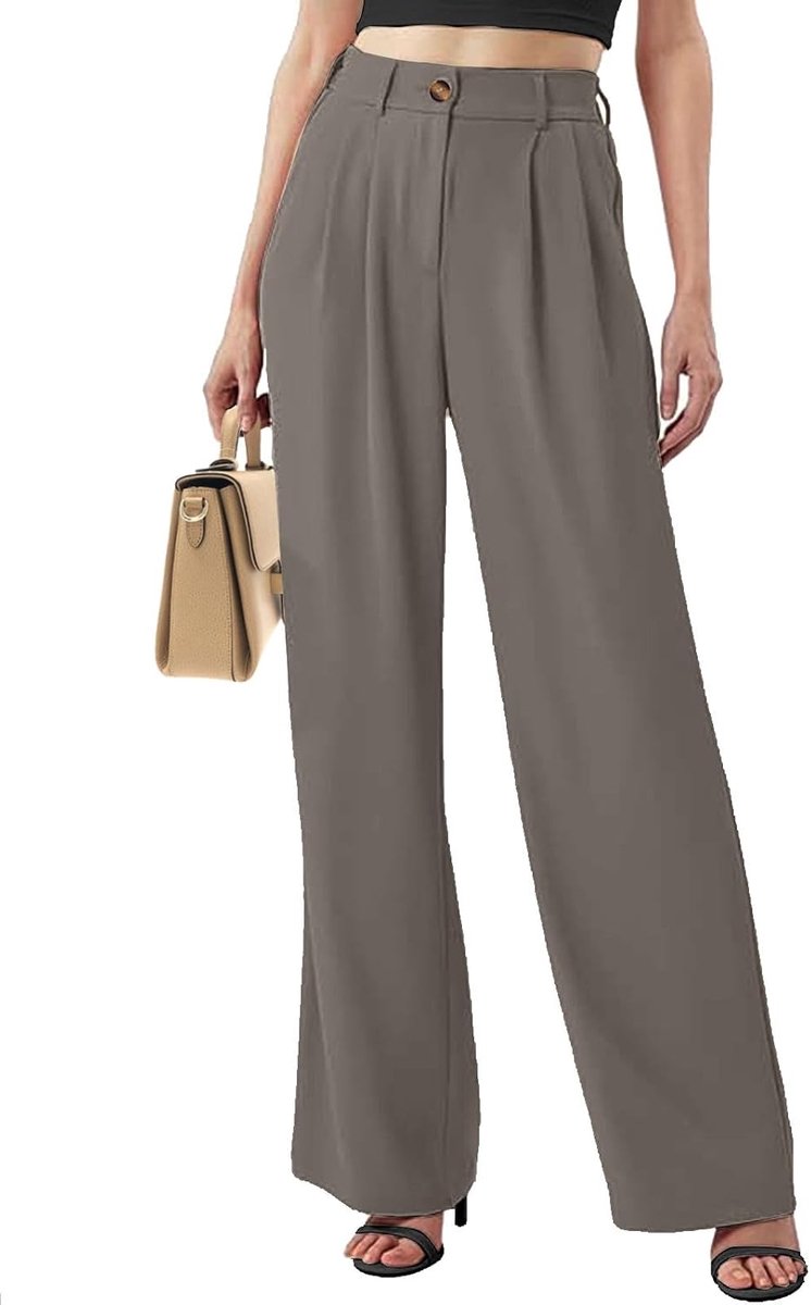 Elegante damesbroek, lichte broek voor dames met wijde pijpen, elastische broek, hoge taille, comfortabele lange broek, rechte pijpen, Palazzo met zakken voor zakelijk en casual
