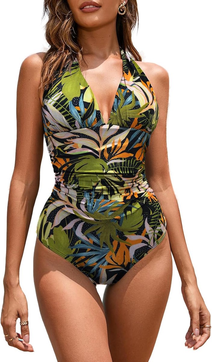 Eendelig badpak voor dames, V-hals, eendelig badpak voor dames, buikcontrole, monokini met ruches, voor cup D tot G