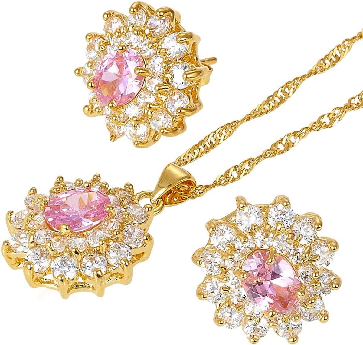 [RIZILIA BLOESEM] Sieradenset Hanger met 45cm(18") Ketting & Oorknopjes Ovaal Gesneden Edelstenen Zirkonia CZ [Meerkleurig beschikbaar] in 18K Geelgoud Verguld, Eenvoudige Moderne Elegantie