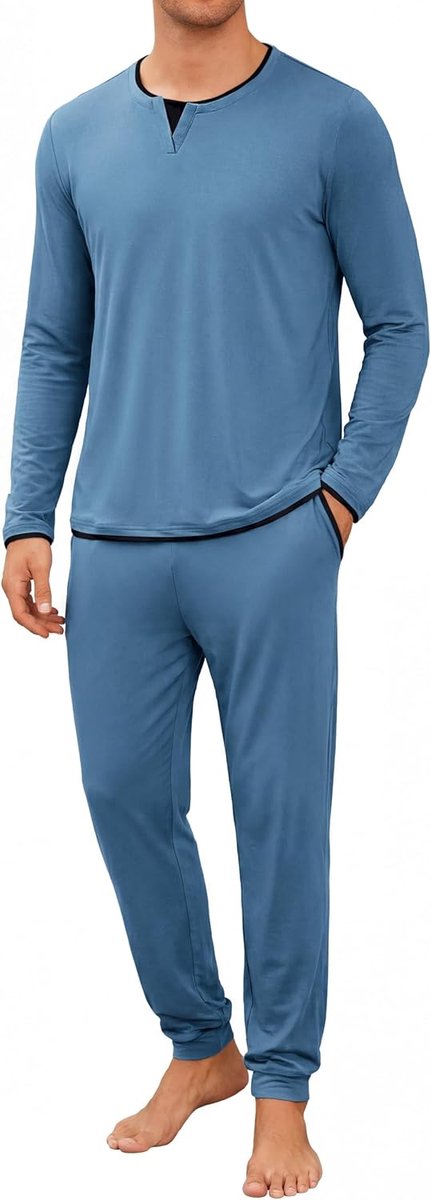 Pyjama voor heren, winter, katoen, ronde hals, pyjamaset, lange mouwen, effen top met overlappend kraagdesign en comfortabele broek