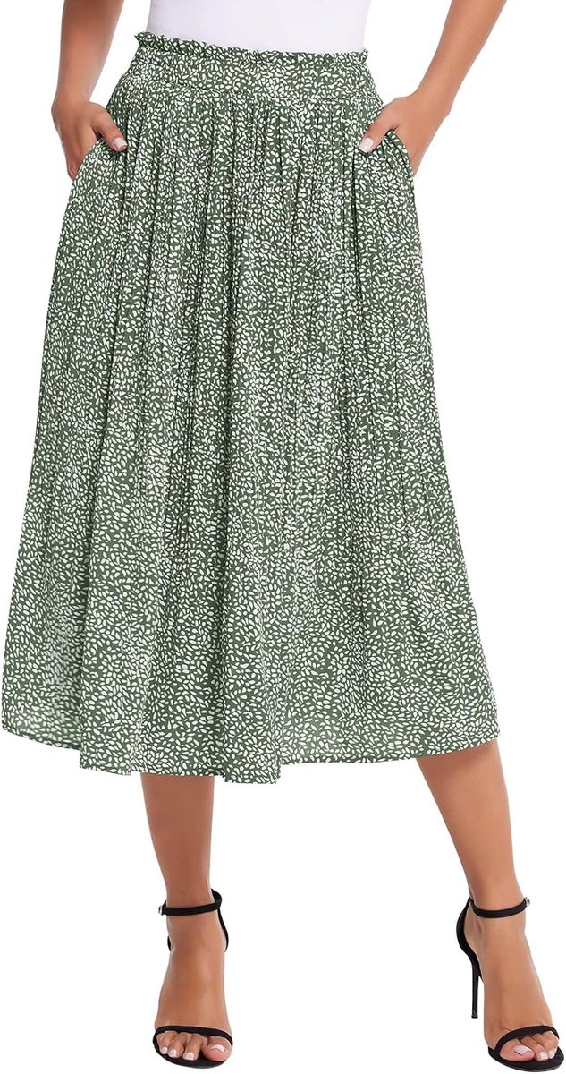 Damesrok, chiffon, midirok, elegant, bloemen, polkadots, elastische taille, zomerrok, lange plooirok met zakken, groen, L