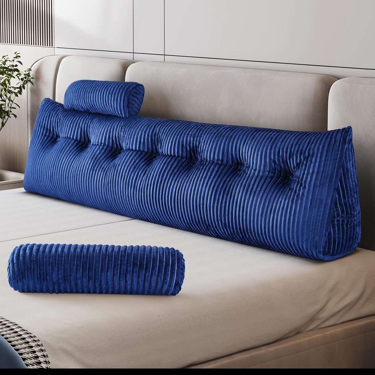 Boekenkussen, wigvormig kussen, leeskussen voor bed en bank, gezellig rugkussen, praktisch zijvak, verwijderbare hoes, met rond hoofdkussen (blauw, 200 x 50 x 20 cm)
