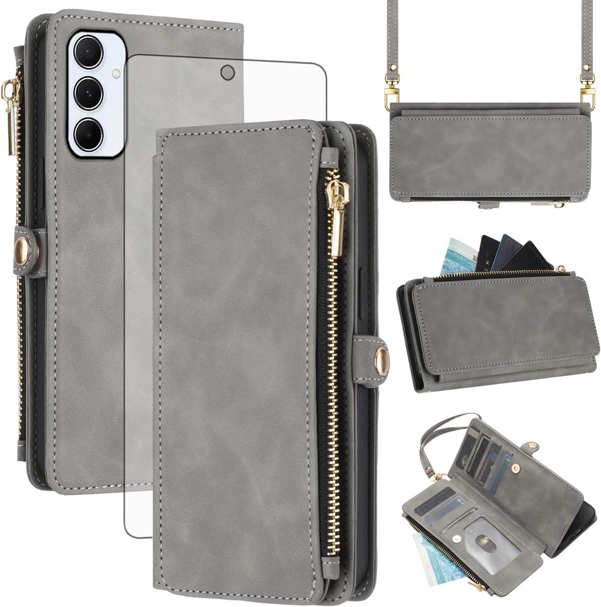 Hoes voor mobiele telefoon voor Samsung Galaxy A55 5G, hoes met band en folie, beschermfolie, RFID-kaartenvak, inklapbaar, leer, bloemen, portemonnee, standaard, A 55, 55A, A555G, beschermhoes