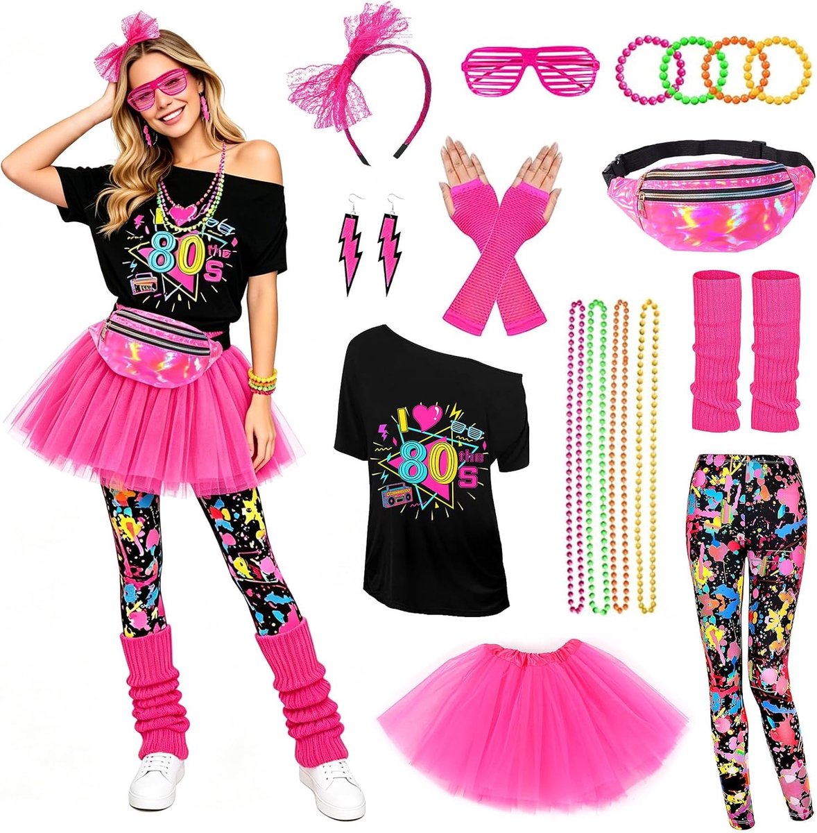 80-outfit voor dames, jaren 80 workoutkostuum, jaren 80-accessoires, jaren 80/90-outfit voor dames, jaren 80/90-kleding, kostuumaccessoires, voor carnaval, themafeest