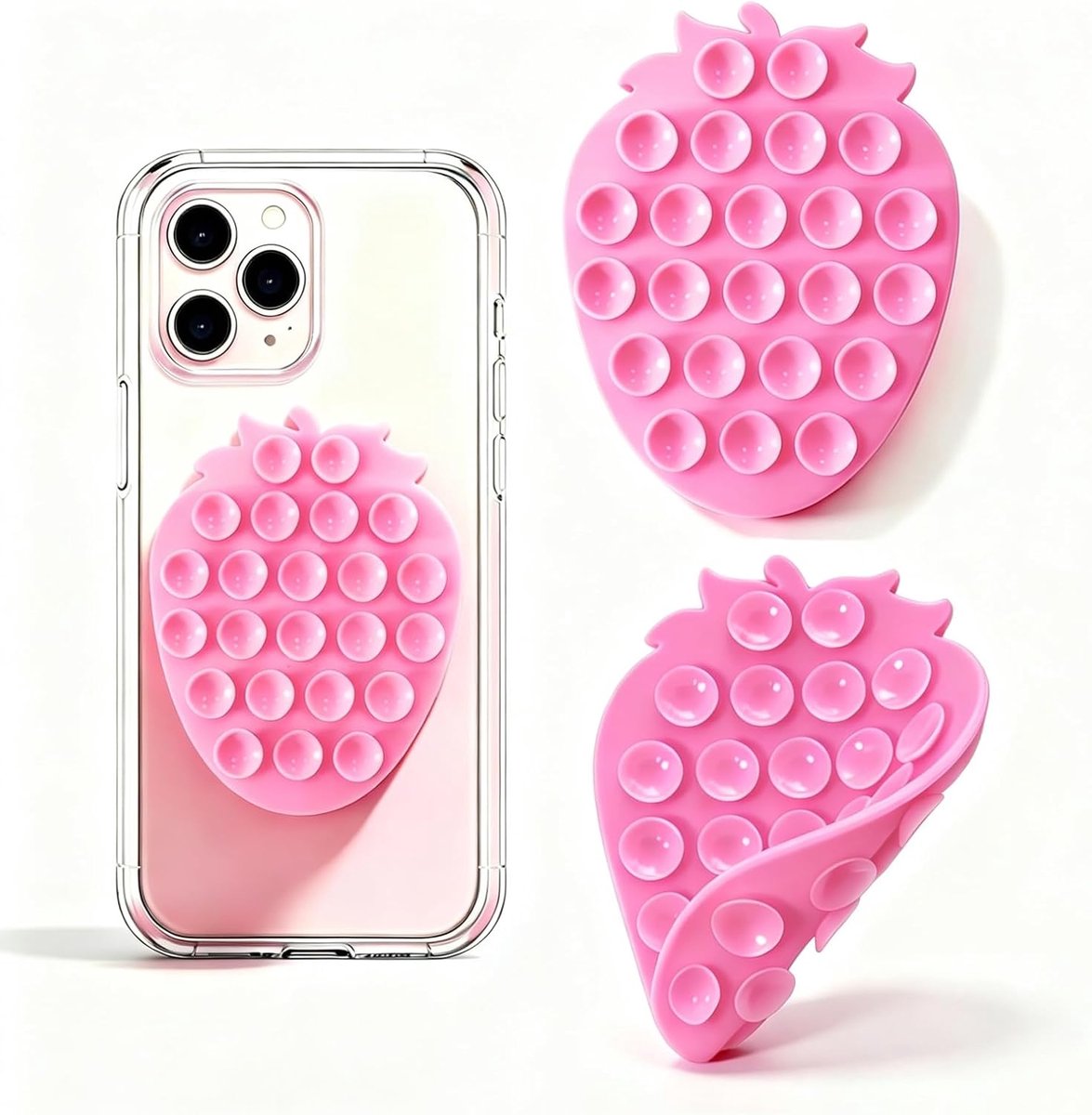 Aardbei siliconen zuignap telefoonhouder mount, siliconen accessoire voor iPhone en Android, handsfree spiegel douche schattige telefoonhouder, -video's en selfies (roze)