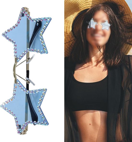 Zonnebril in de vorm van een ster met diamanten, randloze, funky bling diamanten zonnebril voor een zomers strandfeest (blauw) — afbeelding 4