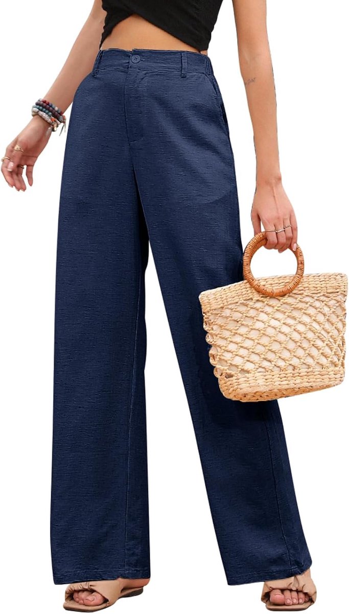 Heekpek Linnen damesbroek, zomer, lichte hoge taille, comfortabele lange stoffen broek, losse rechte snit, zomerbroek, vrijetijdsbroek met zakken