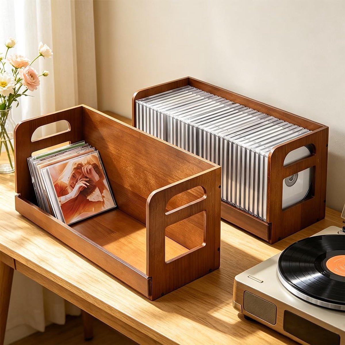 DVD-opbergdoos van hout, open design, met handgrepen, stapelbaar, voor cd's, films, Blu-ray, videogames, 41,7 x 193 mm, 2 stuks