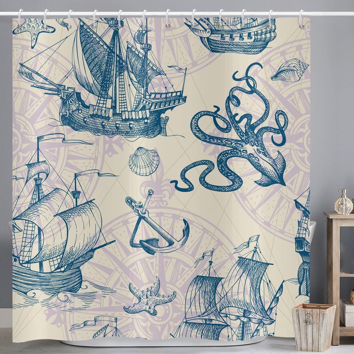 Douchegordijn, maritiem, 180 x 200 cm, maritiem, nautisch, zeilboot, anker, zeedieren, octopus, schelpen, wasbaar douchegordijn, polyester textiel, waterdicht, met 12 haken