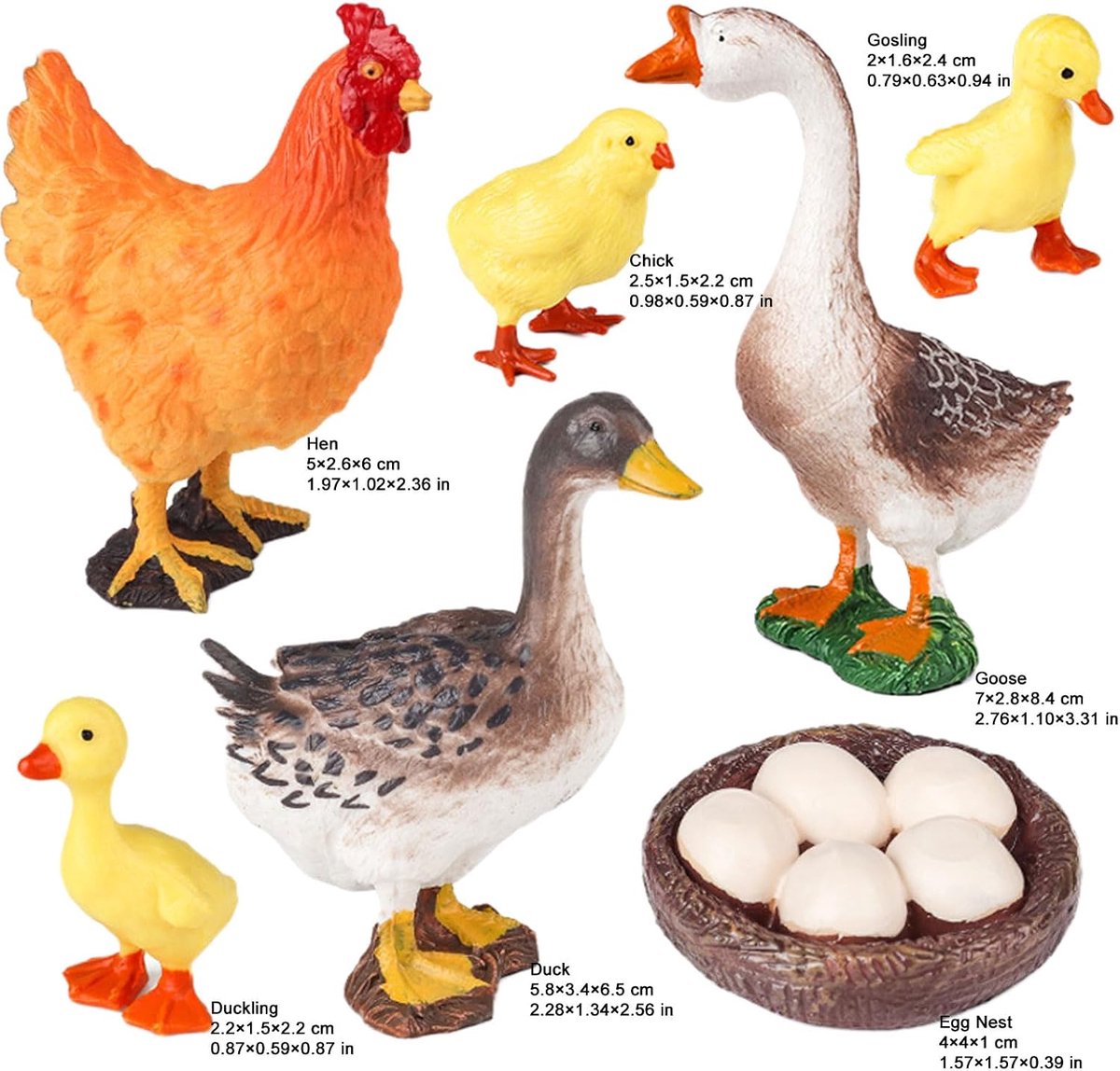 Pluimvee Figuren Set, Holle Dierenfiguren, Kuiken, Eendje, Kip, Gans, Nest met Eieren, Educatief Boerderijdieren Speelgoed, Taarttopper