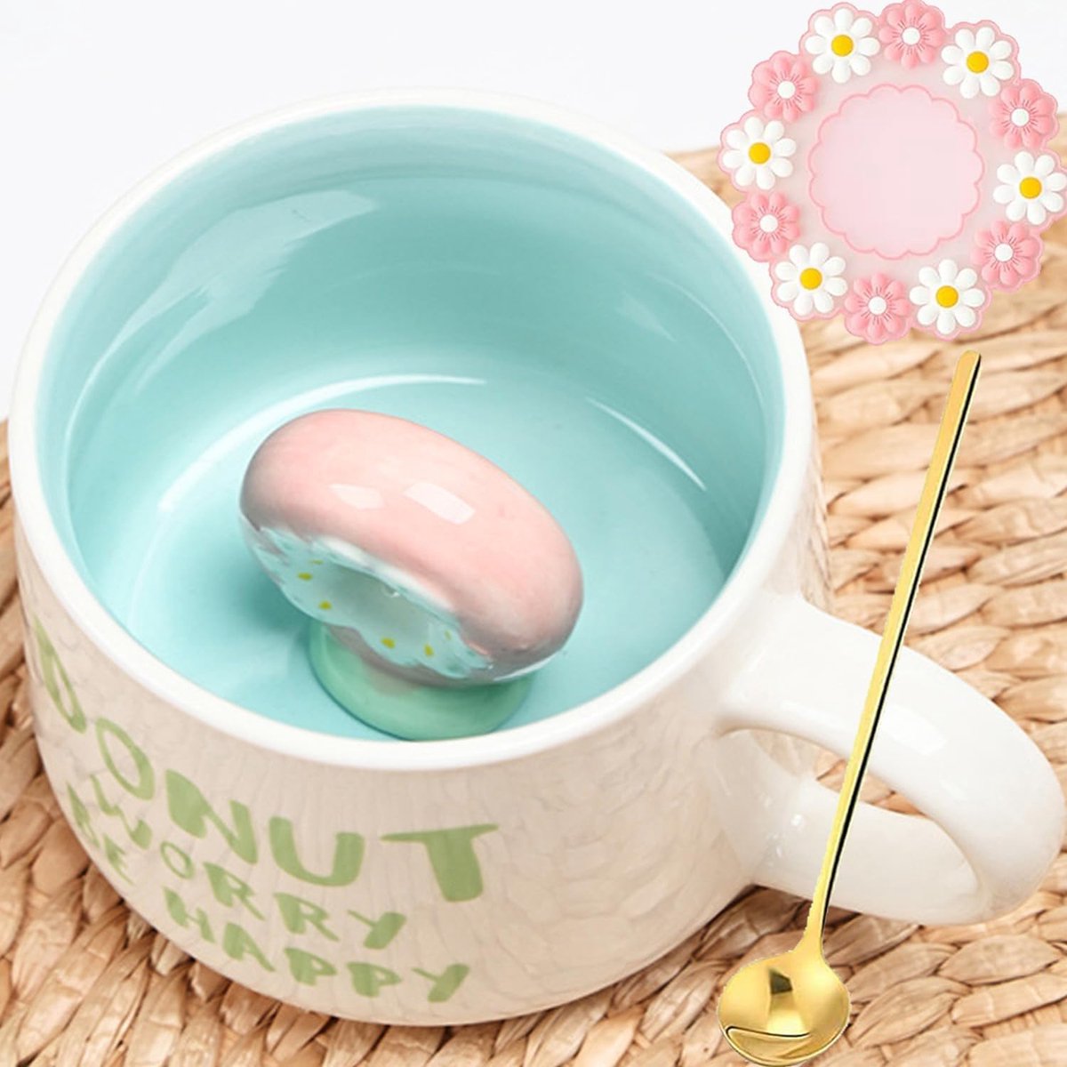 Mokken met donuts aan de binnenkant, 350 ml, met lepel en onderzetter, leuke donuts-koffiemok, theemok, als cadeau